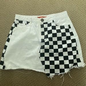 Black and white checkered denim skirt